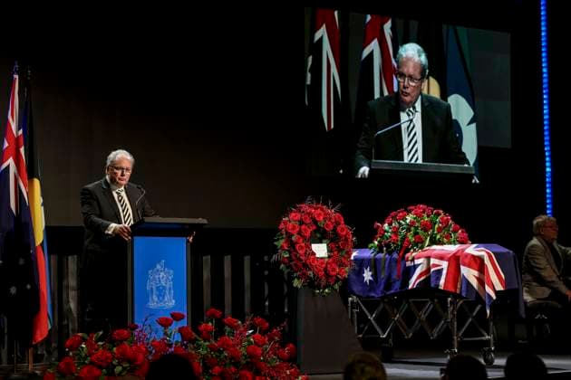 DERRYN HINCH STATE FUNERAL, Darren James during a State Funeral Service for Derryn Hinch at the Timber Yard, Melbourne, Monday, July 20, 2026. . Outspoken media figure and former senator Derryn Hinch has died at the age of 82 after a long and public health battle. ( NO ARCHIVING MELBOURNE VICTORIA AUSTRALIA  Copyright: xEDDIExJIMx 20260720140718594586