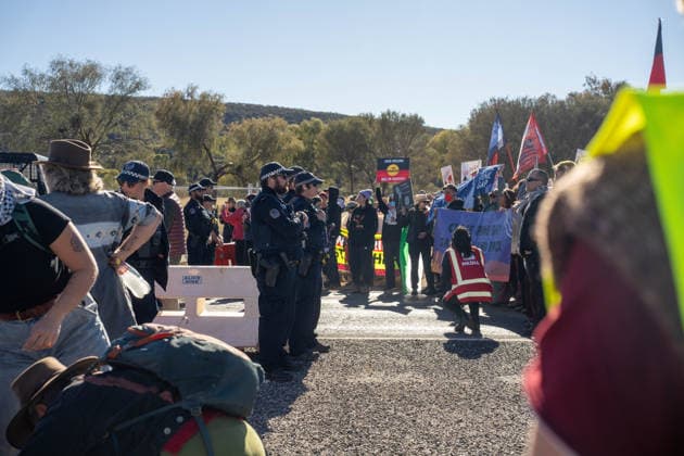 CLOSE PINE GAP PROTEST ALICE SPRINGS, Hundreds of protesters convoy during the three-day Close Pine Gap symposium in Alice Springs, Northern Territory, Monday, July 20, 2026. Those gathered are calling for the closure of the US military intelligence base Pine Gap, for an end to the US alliance, and for the sacred land the base occupies to be returned to Arrernte custodians, who never consented to the base. ( NO ARCHIVING ALICE SPRINGS NORTHERN TERRITORY AUSTRALIA  Copyright: xRHETTxHAMMERTONx 20260720193377554770