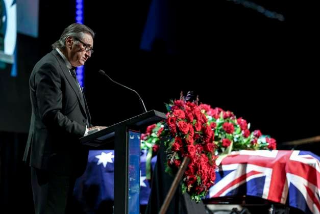DERRYN HINCH STATE FUNERAL, Tony Tardio during a State Funeral Service for Derryn Hinch at the Timber Yard, Melbourne, Monday, July 20, 2026. . Outspoken media figure and former senator Derryn Hinch has died at the age of 82 after a long and public health battle. ( NO ARCHIVING MELBOURNE VICTORIA AUSTRALIA  Copyright: xEDDIExJIMx 20260720175632498128