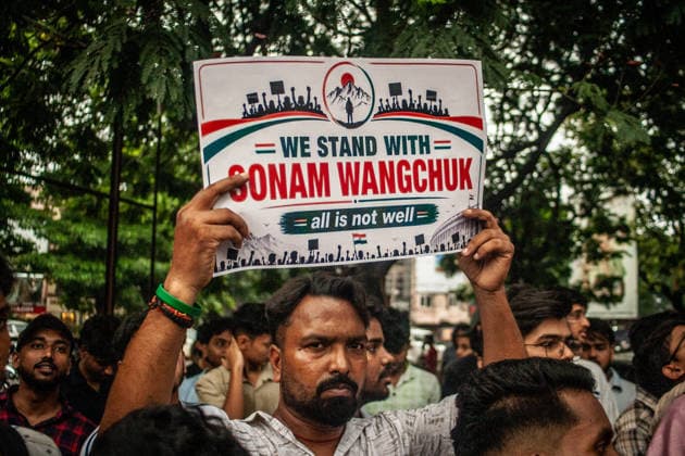 Protest held in solidarity with hospitalized activist Sonam Wangchuk in Jamshedpur - 19 Jul 2026 A protester holds a placard during the demonstration. The protest was organized in solidarity with the Indian activist Sonam Wangchuk, who was on a hunger strike at Jantar Mantar, Delhi, and recently got taken to the hospital by the Delhi Police because of his deteriorating health, which led to a nationwide protest. Sonam is demanding the resignation of Indian Minister of Education Dharmendra Pradhan because of recent NEET paper leaks which effected lakhs of students nationwide in India. Jamshedpur India Copyright: xYousufxSarfarazx xSOPAxImagesx EDUCATION_PROTEST_YSARFARAZ-24