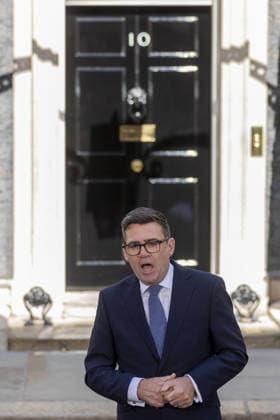 Andy Burnham becomes new UK prime minister LONDON, UK - JULY 20: Britain’s new Prime Minister Andy Burnham delivers his first speech outside 10 Downing Street in central London after being invited by King Charles III to form a new government. Marcin Nowak Anadolu London United Kingdom. Editorial use only. Please get in touch for any other usage.  Copyright: x2026xAnadoluxMarcinxNowakx