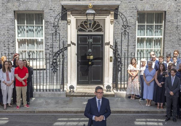 Andy Burnham becomes new UK prime minister LONDON, UK - JULY 20: Britain’s new Prime Minister Andy Burnham delivers his first speech outside 10 Downing Street in central London after being invited by King Charles III to form a new government. Marcin Nowak Anadolu London United Kingdom. Editorial use only. Please get in touch for any other usage.  Copyright: x2026xAnadoluxMarcinxNowakx