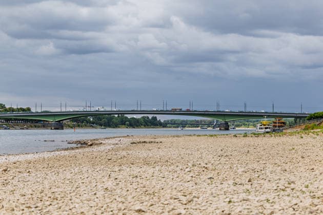 Niedrigwasser am Rhein in Bonn-Beuel Niedrigwasser am Rhein: Bei einem Pegelstand von 125 cm am Pegel Bonn liegt das Flussbett am Beueler Rheinufer bis auf die tiefer liegende Fahrrinne trocken. Blick nach Norden auf die stark befahrene Kennedybrücke, im Hintergrund die gesperrte Nordbrücke (Friedrich-Ebert-Brücke). Bonn Beuel Nordrhein-Westfalen Deutschland *** Low Water Levels on the Rhine in Bonn-Beuel Low Water Levels on the Rhine With the water level at the Bonn gauge station at 125 cm, the riverbed on the Beuel side of the Rhine is dry except for the lower-lying navigation channel; view looking north toward the heavily trafficked Kennedy Bridge, with the closed Nordbrücke in the background. Friedrich Ebert Bridge, Bonn-Beuel, North Copyright: xMarcxJohnx