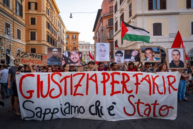 July 20, 2026, Rome, Rm, Italy: Hundreds gathered in front of the Interior Ministry to protest the death of Abderrahim Fakir during his arrest by two police officers. Justice for Fakir, we know who did it reads the banner. Participants show the images of (from the left): George Floyd, Giuseppe Uva, Abderrahim Fakir, Federico Aldrovandi, Gabriele Sandri, Stefano Cucchi, Carlo Giuliani, all victims during arrest, custody or clashes with the police. Rome Italy - ZUMAg256 20260720_znp_g256_002 Copyright: xMarcoxDixGianvitox
