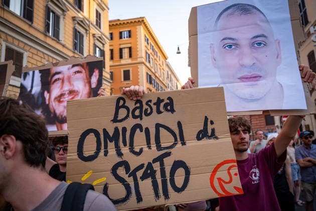 July 20, 2026, Rome, Rm, Italy: Hundreds gathered in front of the Interior Ministry to protest the death of Abderrahim Fakir during his arrest by two police officers. No more state murders reads the sign. Participants show the images of Abderrahim Fakir (right) and Giuseppe Uva Rome Italy - ZUMAg256 20260720_znp_g256_004 Copyright: xMarcoxDixGianvitox