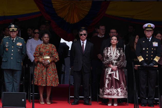 Colombia s Independence Day Parade in Bogota BOGOTA, COLOMBIA - JULY 20: Colombian President Gustavo Petro (C) attends the Independence Day military parade in Bogota, Colombia, on July 20, 2026. Petro said the ceremony would mark his final public appearance before leaving office. During the event, a crowd breached the first security perimeter and surged toward the main stage, while a group of demonstrators surrounded and verbally harassed members of the press. Several people climbed onto the platform designated for journalists, prompting reporters from multiple media outlets to report insufficient crowd-control measures and to leave the area under escort by the Colombian National Police. Juancho Torres Anadolu Bogota Colombia. Editorial u  Copyright: x2026xAnadoluxJuanchoxTorresx
