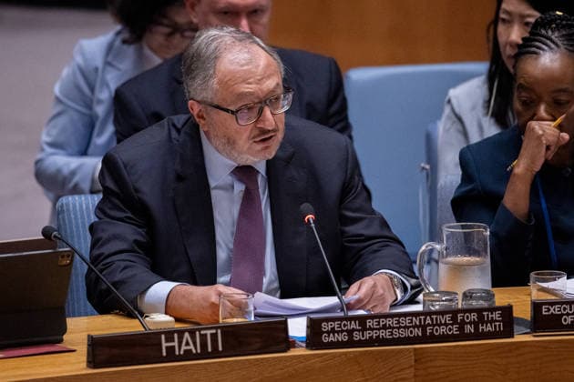 (260720) -- UNITED NATIONS, July 20, 2026 -- Special representative for the Gang Suppression Force in Haiti, Jack Christofides, speaks at a Security Council meeting at the UN headquarters in New York, July 20, 2026. The top UN envoy in Haiti on Monday called for efforts to maintain the current momentum in the country s political transition. ( UN Photo Handout via Xinhua) UN-SECURITY COUNCIL MEETING-HAITI ManuelxElias 