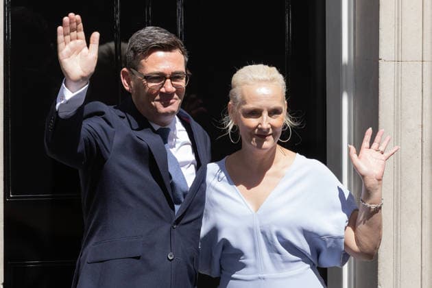 Prime Minister Andy Burnham Makes His First Speech as PM in London - 20 Jul 2026 Prime Minister Andy Burnham and his wife Marie France Van Heel seen outside the door of Number 10 in Downing Street, London. As the new Labour leader and leader of the party in government, Burnham was invited by King Charles III to form an administration in his name after Keir Starmer tendered his resignation earlier today. London United Kingdom Copyright: xTejasxSandhux xSOPAxImagesx 7C3A2063