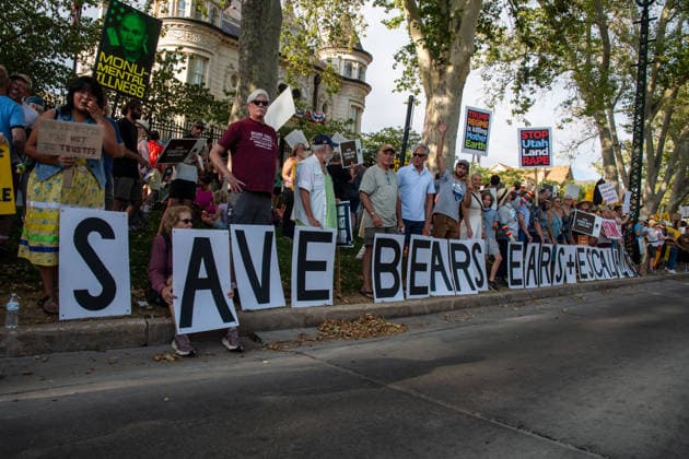 July 20, 2026, Salt Lake City, Utah, USA: Protesters line the sidewalk holding individual letters that spell out PROTECT OUR PUBLIC LANDS! outside the Utah Governor s Mansion in Salt Lake City, Utah, on Monday, July 20, 2026. The community rally was organized to protest executive actions drastically reducing the boundaries of the Bears Ears and Grand Staircase-Escalante national monuments. Salt Lake City USA - ZUMAm292 20260720_znp_m292_005 Copyright: xCharlesxMcClintockxWilsonx