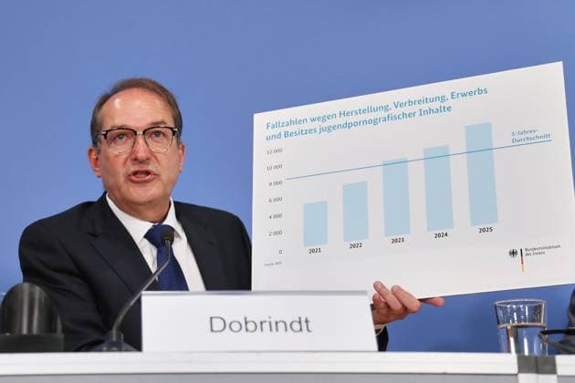 Berlin, Deutschland, 21.07.2026: Haus der Bundespressekonferenz: Bundeslagebild Sexualdelikte zum Nachteil von Kindern und Jugendlichen 2025: Bundesminister des Innern Alexander Dobrindt (CSU) hält eine Tafel hoch *** Berlin, Germany, July 21, 2026, Federal Press Conference Building, Federal Report on Sexual Offenses Against Children and Adolescents in 2025: Federal Minister of the Interior Alexander Dobrindt (CSU) holds up a sign Copyright: xdtsxNachrichtenagenturx dts_128072