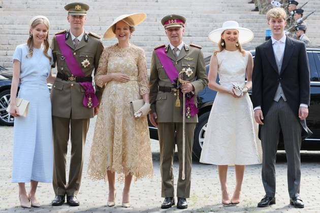 Princess Eleonore, Prince Gabriel, Queen Mathilde of Belgium, King Philippe - Filip of Belgium, Crown Princess Elisabeth and Prince Emmanuel pose for the photographer at the Te Deum mass, on the occasion of the Belgian National Day, at the Saint Michael and Saint Gudula Cathedral (Cathedrale des Saints Michel et Gudule Sint-Michiels- en Sint-Goedele kathedraal) in Brussels, Tuesday 21 July 2026.  BENOITxDOPPAGNE 181641236