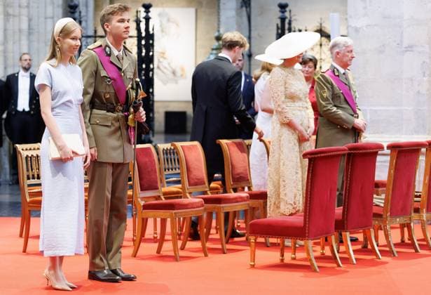 Princess Eleonore, Prince Gabriel, Queen Mathilde of Belgium and King Philippe - Filip of Belgium pictured during the Te Deum mass, on the occasion of the Belgian National Day, at the Saint Michael and Saint Gudula Cathedral (Cathedrale des Saints Michel et Gudule Sint-Michiels- en Sint-Goedele kathedraal) in Brussels, Tuesday 21 July 2026.  BENOITxDOPPAGNE 181659753