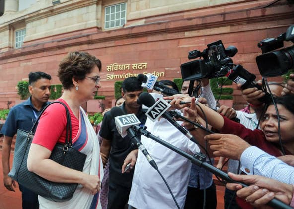 Congress MP Priyanka Gandhi speaks to the media at the Parliament premises during the Monsoon Session New Delhi, Jul 21 (ANI): Congress MP Priyanka Gandhi speaks to the media at the Parliament premises during the Monsoon Session, in New Delhi on Tuesday. New Delhi Delhi India Copyright: xANIx ANI_20260721096