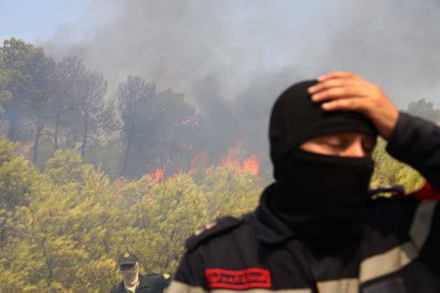 Fires in the Bouira Mountains in Algeria: Civil Defense Responds to Extinguish Fires in the Bouira Mountains in Algeria on July 21, 2026. According to the Civil Defense report, the fires are under control. Photo by Billel Bensalem, APP, Bouira, Algeria Copyright: xAPPxAlgeriexPressxPhotosxBillelxBensalemx xAPPx IMG_6487