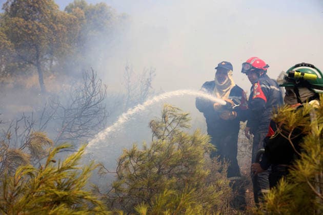 Fires in the Bouira Mountains in Algeria: Civil Defense Responds to Extinguish Fires in the Bouira Mountains in Algeria on July 21, 2026. According to the Civil Defense report, the fires are under control. Photo by Billel Bensalem, APP, Bouira, Algeria Copyright: xAPPxAlgeriexPressxPhotosxBillelxBensalemx xAPPx IMG_6495
