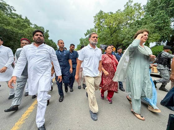 RECORD DATE NOT STATED Congress leaders stage a foot march towards Prime Minister s residence New Delhi, Jul 21 (ANI): Lok Sabha LoP Rahul Gandhi, with Congress leaders Priyanka Gandhi Vadra, and others, stages a foot march towards Prime Minister s residence at Lok Kalyan Marg, demanding the resignations of Prime Minister Narendra Modi and Education Minister Dharmendra Pradhan, in New Delhi on Tuesday. (AICC ANI Photo) New Delhi Delhi India Copyright: xANIx ANI_20260721434