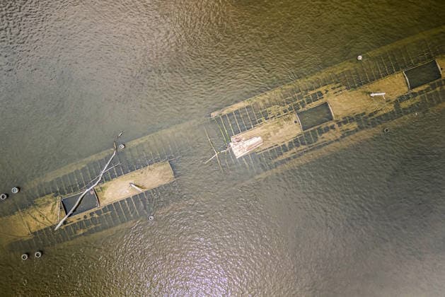 Low water reveals remains of century-old ship on Croatia s Danube An aerial view shows the remains of a ship believed to be more than a century old after record-low water levels in the Danube River exposed the wreck in Opatovac, Croatia, on July 21, 2026. The vessel is believed to have sunk between the two World Wars.  DavidxJerkovic PIXSELL