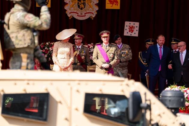 Queen Mathilde of Belgium, King Philippe - Filip of Belgium, Minister of Defence and Foreign Trade Theo Francken and Minister of Interior Bernard Quintin pictured during the military and civilian parade on the Belgian National Day, in Brussels, Tuesday 21 July 2026. This parade pays tribute to our Belgium s security and emergency services, such as the army, police, fire brigade or civil protection. MARIUS BURGELMAN  MariusxBurgelman 181685910