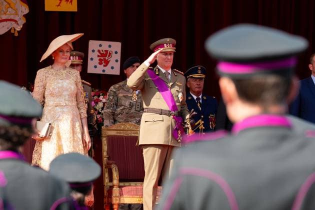 Queen Mathilde of Belgium and King Philippe - Filip of Belgium pictured during the military and civilian parade on the Belgian National Day, in Brussels, Tuesday 21 July 2026. This parade pays tribute to our Belgium s security and emergency services, such as the army, police, fire brigade or civil protection. MARIUS BURGELMAN  MariusxBurgelman 181686093