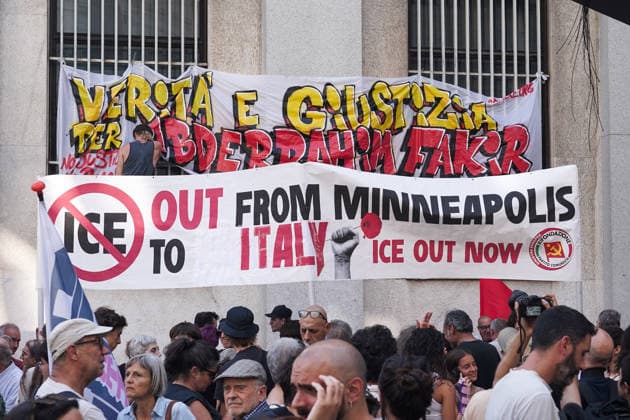 IPA86874733 - MILAN, July 21, 2026 - Protest at the Prefecture demanding truth and justice for Fakir Abderrahim, the man of Moroccan origin killed during a police stop on Sunday, July 19, in Bologna.  Copyright: xEmanuelexRobertoxDexCarlix xx 86874733