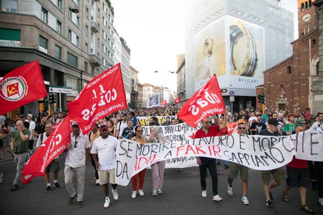 IPA86874860 - Milan, July 21, 2026, Largo 11 Settembre: A rally was held in front of the Prefecture, which later turned into a Sicobas march in memory of Abderrahim Fakir, who died in Bologna following police intervention; the march arrived at San Babila  Copyright: xFrancescoxEnriquezx xFrancescoxEnriquezx 86874860