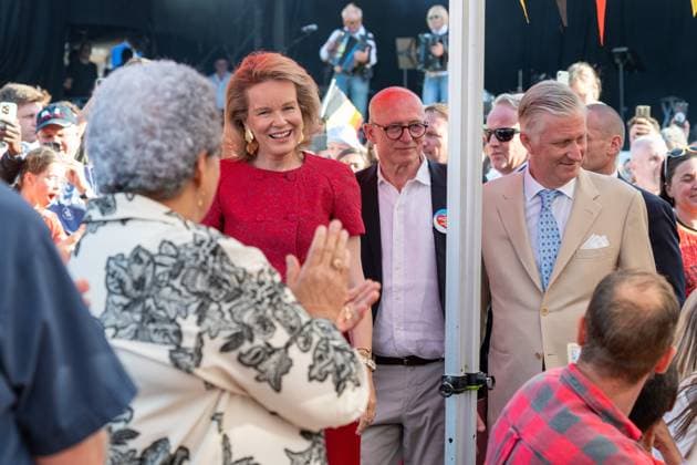 King Philippe - Filip of Belgium and Queen Mathilde of Belgium arrive for the Everyone to the Table initiative by Resto National at Vossenplein - Place du Jeu de Balle, as part of the National Holiday, on Tuesday 21 July 2026 in Brussels.  JONASxROOSENS 181694913