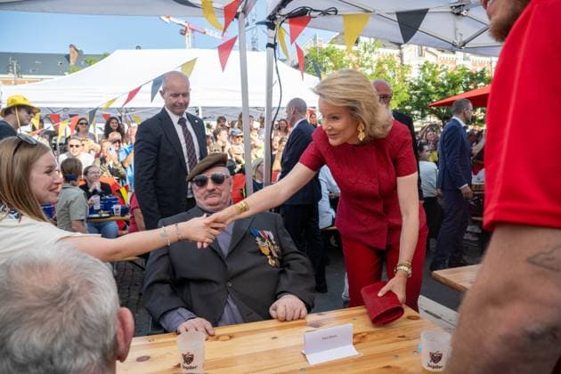 Queen Mathilde of Belgium arrives for the Everyone to the Table initiative by Resto National at Vossenplein - Place du Jeu de Balle, as part of the National Holiday, on Tuesday 21 July 2026 in Brussels.  JONASxROOSENS 181694914