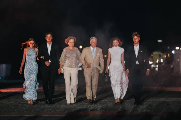 King Philippe - Filip of Belgium, Queen Mathilde of Belgium, Crown Princess Elisabeth, Princess Eleonore, Prince Gabriel and Prince Emmanuel pictured during a concert and show with fireworks, laser and drones, at the end of the celebrations on the Belgian National Day, Tuesday 21 July 2026 in the Parc du Cinquantenaire - Jubelpark. MARIUS BURGELMAN  MariusxBurgelman 181703265