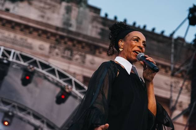 Zap Mama pictured during a concert and show with fireworks, laser and drones, at the end of the celebrations on the Belgian National Day, Tuesday 21 July 2026 in the Parc du Cinquantenaire - Jubelpark. MARIUS BURGELMAN  MariusxBurgelman 181705059