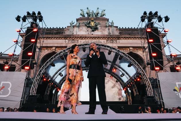 JoÃ«lle Scoriels and Peter Van de Veire pictured during a concert and show with fireworks, laser and drones, at the end of the celebrations on the Belgian National Day, Tuesday 21 July 2026 in the Parc du Cinquantenaire - Jubelpark. MARIUS BURGELMAN  MariusxBurgelman 181705446