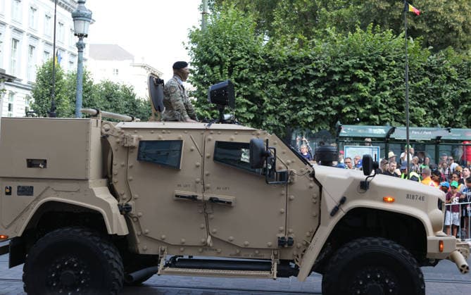 BRUSSELS, BELGIUM - JULY 21: A military vehicle and weapons are displayed during Belgium s National Day on July 21, 2026 in Brussels, Belgium. The event marks the country s national holiday with a ceremonial procession in the capital.  Copyright: xChinaxNewsxServicex 111655732297