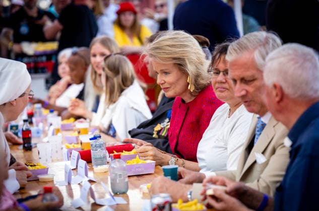 21-07-2026 Resto Princess Eleonore and Crown Princess Elisabeth and Prince Emmanuel and Prince Gabriel and Queen Mathilde and King Philippe - Filip during the Everyone to the Table initiative by Resto National at Vossenplein - Place du Jeu de Balle, as part of the National Holiday in Brussels Â  Copyright: xPPEx