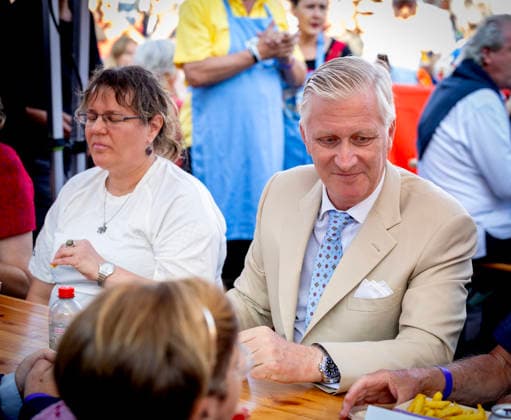 21-07-2026 Resto Princess Eleonore and Crown Princess Elisabeth and Prince Emmanuel and Prince Gabriel and Queen Mathilde and King Philippe - Filip during the Everyone to the Table initiative by Resto National at Vossenplein - Place du Jeu de Balle, as part of the National Holiday in Brussels Â  Copyright: xPPEx