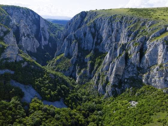 Beeindruckende Schlucht mit steilen Felsen und dichtem Wald unter klarem Himmel, Luftaufnahme, Cheile Turzii, Turda-Schlucht, Thorenburger Klamm, Thorenburger Schlucht, Turda, Kalksteinklamm im Trasc?u-Gebirge, Trascau, Naturschutzgebiet, Westkarpaten, Siebenbürgen, Rumänien Impressive gorge with steep rocks and thick forest under clear sky, aerial view, Cheile Turzii, Turda Gorge, Thorenburg Gorge, Turda, limestone gorge in the Trasc?u Mountains, Trascau, nature reserve, Western Carpathians, Transylvania, Romania Copyright: imageBROKER FraukexScholz ibxsco18380078.jpg