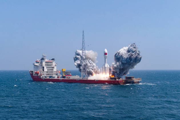 (260722) -- SHANGHAI, July 22, 2026 -- A Gravity-1 carrier rocket carrying nine satellites blasts off from waters off the coast of Shanghai, east China, July 22, 2026. The Taiyuan Satellite Launch Center launched the commercial rocket at 10:54 a.m. (Beijing Time), placing nine satellites into their designated orbits. (EyesOnSci) CHINA-SHANGHAI-SATELLITE-LAUNCH (CN) ZhangxXiaoyu 