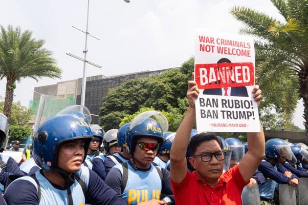 Police Disperse Anti-Rubio Protest Outside ASEAN Meeting in Pasay City PASAY CITY, PHILIPPINES JULY 22, 2026: Protesters from the progressive alliance Bagong Alyansang Makabayan (Bayan) were dispersed by police after attempting to hold a demonstration outside the Philippine International Convention Center (PICC) in Pasay City, where the 59th ASEAN Foreign Ministers Meeting is being held from July 20 24, 2026. The protest sought to condemn the presence of US Secretary of State Marco Rubio, whom demonstrators labeled a war criminal over his alleged role in US military actions abroad. PHOTO BY : Charles Edmon Pasay City Philippines Copyright: x xCharlesxEdmonxS.xPerezx xJNAxPressx