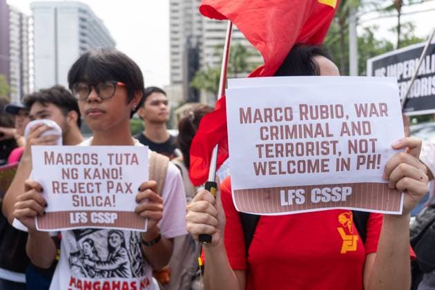 Police Disperse Anti-Rubio Protest Outside ASEAN Meeting in Pasay City PASAY CITY, PHILIPPINES JULY 22, 2026: Protesters from the progressive alliance Bagong Alyansang Makabayan (Bayan) were dispersed by police after attempting to hold a demonstration outside the Philippine International Convention Center (PICC) in Pasay City, where the 59th ASEAN Foreign Ministers Meeting is being held from July 20 24, 2026. The protest sought to condemn the presence of US Secretary of State Marco Rubio, whom demonstrators labeled a war criminal over his alleged role in US military actions abroad. PHOTO BY : Charles Edmon Pasay City Philippines Copyright: x xCharlesxEdmonxS.xPerezx xJNAxPressx