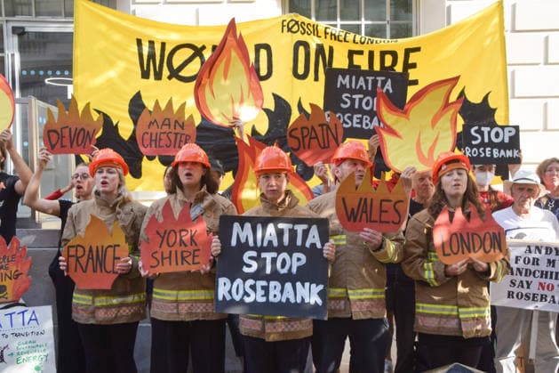 July 22, 2026, London, England, United Kingdom: Climate activists from Fossil Free London stage a protest outside the Department for Energy Security and Net Zero calling on the new Energy Secretary Miatta Fahnbulleh and the new UK Prime Minister Andy Burnham to stop the Rosebank oil and gas field in the North Sea. London United Kingdom - ZUMAv130 20260722_zip_v130_006 Copyright: xVukxValcicx