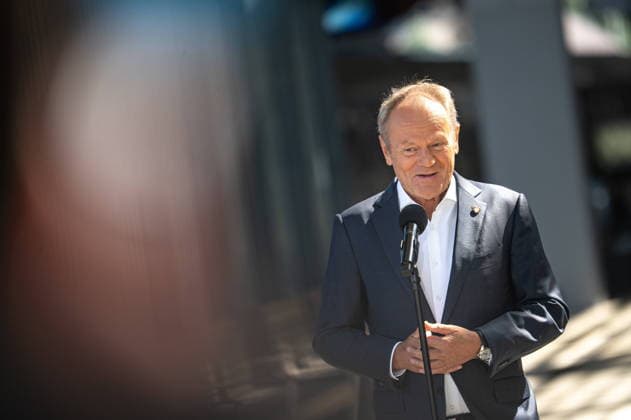 Warszawa 22.07.2026 Poland s Prime Minister Donald Tusk press conference on railway station Warsaw West. July 22, 2026 in Warsaw. --- Konferencja Prasowa Prezesa Rady Ministrow Donalda Tuska na dworcu kolejowym Warszawa Zachodnia w zwiazku z ogloszeniem programu NaszaKolej, 22 lipca 2026. Persons shown : Premier Donald Tusk Fot. Kai Taller Arena Akcji NEWSPIX.PL --- newspix.pl 