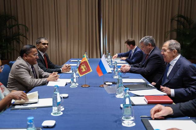 PHILIPPINES, MANILA - JULY 22, 2026: Sri Lanka s Minister of Foreign Affairs Vijitha Herath (L) and Russia s Minister of Foreign Affairs Sergei Lavrov (R) during a meeting on the sidelines of ASEAN-led events. Video grab. Best quality available. Russian Foreign Ministry TASS  95321719