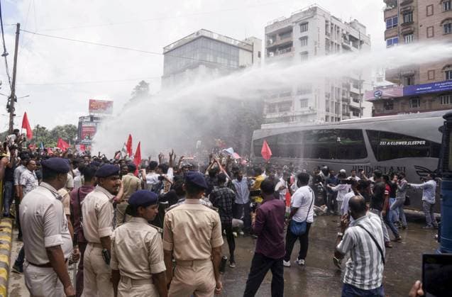 Police personnel use a water cannon on AISA supporters after they stage a protest Patna, Jul 22 (ANI): Police personnel use a water cannon on AISA supporters after they stage a protest during the Lok Bhavan March over alleged irregularities and examination paper leaks and other various issues, in Patna on Wednesday. Patna Bihar India Copyright: xANIx ANI_20260722163
