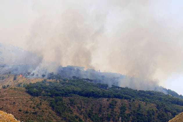 IPA86900414 - In the photo, a large fire is raging in the Casaboli, Pioppo, and Monreale area; there is concern about the advancing fire front, and a Canadair aircraft is on its way from Olbia.  Copyright: xAlbertoxLoxBiancox xAlbertoxLoxBiancox 86900414