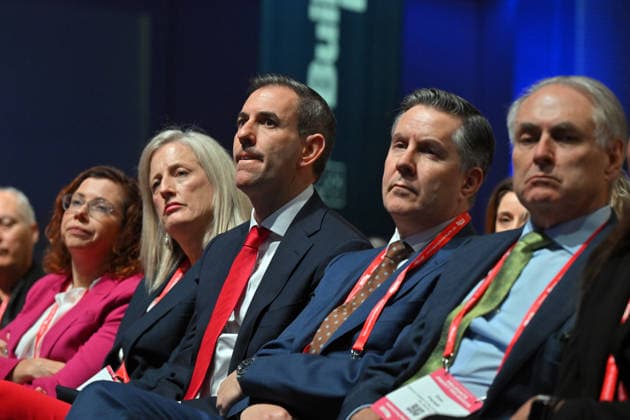 ALP NATIONAL CONFERENCE, Minister for Employment Amanda Rishworth, Minister for Finance Katy Gallagher, Treasurer Jim Chalmers, Minister for Health Mark Butler and Minister for Trade Don Farrell listen to Prime Minister Anthony Albanese speak during the 50th Australian Labor Party (ALP) national convention at the Adelaide Convention Centre, in Adelaide, Thursday, July 23, 2026. ( ADELAIDE SOUTH AUSTRALIA AUSTRALIA  Copyright: xMICKxTSIKASx 20260723184620929315