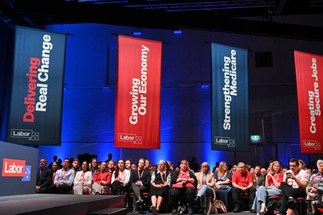 ALP NATIONAL CONFERENCE, Delegates listen to Prime Minister Anthony Albanese speak during the 50th Australian Labor Party (ALP) national convention at the Adelaide Convention Centre, in Adelaide, Thursday, July 23, 2026. ( ADELAIDE SOUTH AUSTRALIA AUSTRALIA  Copyright: xMICKxTSIKASx 20260723172883248198