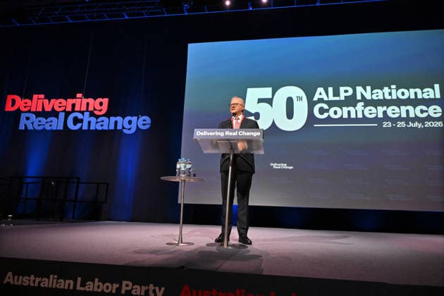 ALP NATIONAL CONFERENCE, Prime Minister Anthony Albanese speaks during the 50th Australian Labor Party (ALP) national convention at the Adelaide Convention Centre, in Adelaide, Thursday, July 23, 2026. ( ADELAIDE SOUTH AUSTRALIA AUSTRALIA  Copyright: xMICKxTSIKASx 20260723185140992553