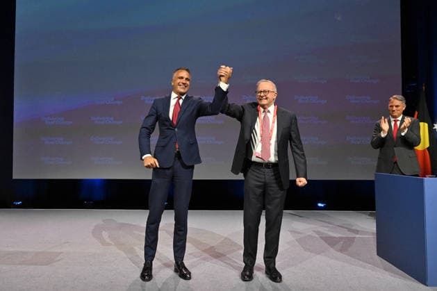 ALP NATIONAL CONFERENCE, South Australia™s Premier Peter Malinauskas and Prime Minister Anthony Albanese during the 50th Australian Labor Party (ALP) national convention at the Adelaide Convention Centre, in Adelaide, Thursday, July 23, 2026. ( ADELAIDE SOUTH AUSTRALIA AUSTRALIA  Copyright: xMICKxTSIKASx 20260723118295922531
