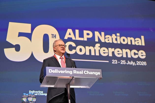 ALP NATIONAL CONFERENCE, Prime Minister Anthony Albanese speaks during the 50th Australian Labor Party (ALP) national convention at the Adelaide Convention Centre, in Adelaide, Thursday, July 23, 2026. ( ADELAIDE SOUTH AUSTRALIA AUSTRALIA  Copyright: xMICKxTSIKASx 20260723159833499555