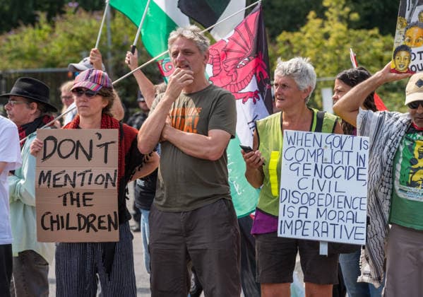 July 23, 2026, Bristol, Bristol, UK: Bristol, UK. A national protest calling for a full arms embargo on Israel takes place at the Israeli owned Elbit Systems production site in Filton. The protest is called by the Palestine Solidarity Campaign who say that Elbit Systems produces weapons and military technology used by Israel for genocide in the Gaza Strip, and military operations in the West Bank. PSC say the British government facilitates the export of weapons and military technology to Israel despite knowing it is to commit genocide. Bristol UK  - ZUMAl94_ 20260723_zaf_l94_015 Copyright: xSimonxChapmanx