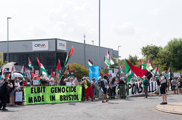 July 23, 2026, Bristol, Bristol, UK: Bristol, UK. A national protest calling for a full arms embargo on Israel takes place at the Israeli owned Elbit Systems production site in Filton. The protest is called by the Palestine Solidarity Campaign who say that Elbit Systems produces weapons and military technology used by Israel for genocide in the Gaza Strip, and military operations in the West Bank. PSC say the British government facilitates the export of weapons and military technology to Israel despite knowing it is to commit genocide. Bristol UK  - ZUMAl94_ 20260723_zaf_l94_022 Copyright: xSimonxChapmanx