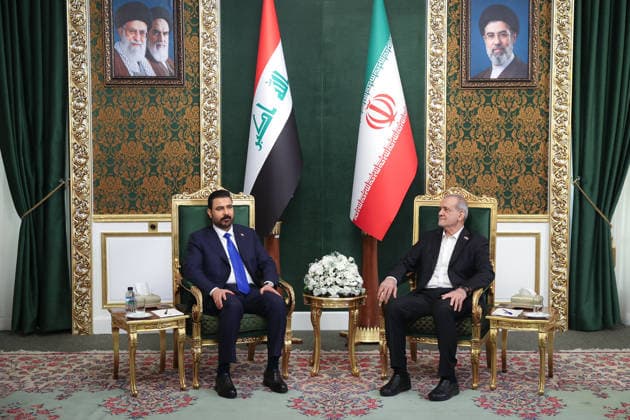 Ali al-Zaidi - Masoud Pezeshkian meeting in Tehran TEHRAN, IRAN - JULY 23: RESTRICTIONS: NO Access Israel Media Persian Language TV Stations Outside Iran Strictly No Access BBC Persian VOA Persian Manoto TV Iran International TV (----EDITORIAL USE ONLY MANDATORY CREDIT - IRANIAN PRESIDENCY HANDOUT - NO MARKETING NO ADVERTISING CAMPAIGNS - DISTRIBUTED AS A SERVICE TO CLIENTS----) Iraqi Prime Minister Ali al-Zaidi (L) meets with Iranian President Masoud Pezeshkian (R) in Tehran, Iran on July 23, 2026. Iranian Presidency Handout Anadolu Tehran Iran. Editorial use only. Please get in touch for any other usage.  Copyright: x2026xAnadoluxIranianxPresidencyx xHandoutx